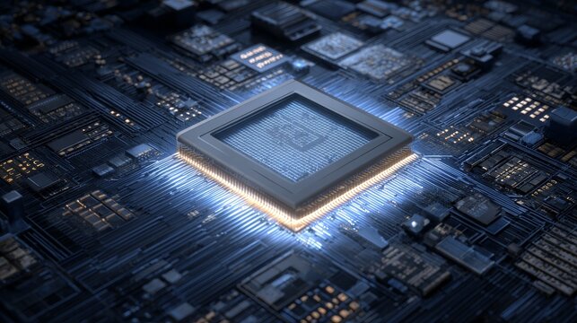 Futuristic microprocessor on circuit board with glowing connections in blue light