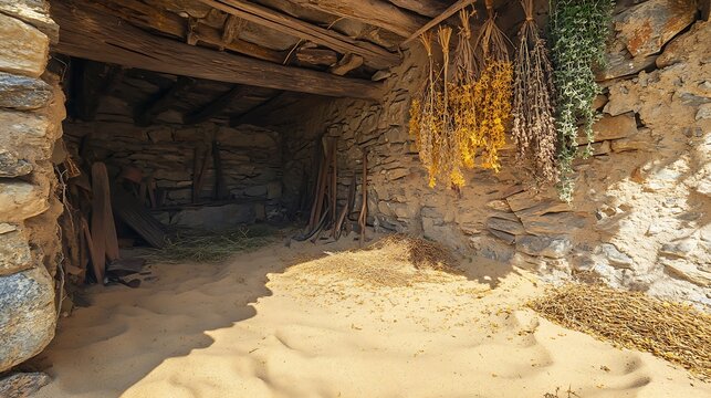 Natural rock formations and trees frame an ancient stone building in the Utah desert