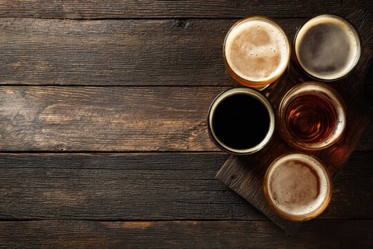 Assorted craft beer glasses in different colors and styles on a rustic wooden table, top view arrangement ideal for bar menus, brewery promotions, and festive marketing