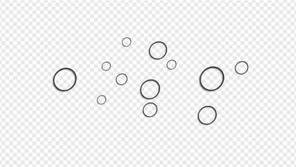 Water droplets, round, circle, sweat, rain, moisture, liquid image. Stock vector with transparency grid background