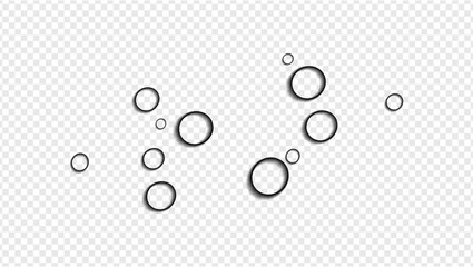 Water droplets, round, circle, sweat, rain, moisture, liquid image. Stock vector with transparency grid background