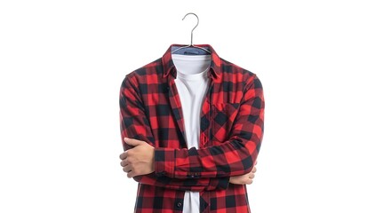 Invisible model wearing a red plaid flannel shirt and a white T-shirt, with arms crossed. Perfect for mockup and fashion concepts. Isolated on white.