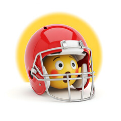 Emoji face wearing a red american football helmet with a yellow circle behind it