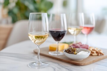 Table with a tray of food and three wine glasses