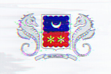 Distorted digital illustration of a heraldic emblem featuring two seahorses flanking a shield with a crescent moon and flowers, exhibiting a glitch art aesthetic and vibrant chromatic