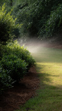 Lush backyard garden with sprinkler watering green bushes and grass