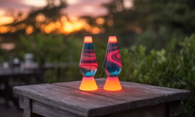Two lava lamps, vibrant colors, sunset backdrop (1)