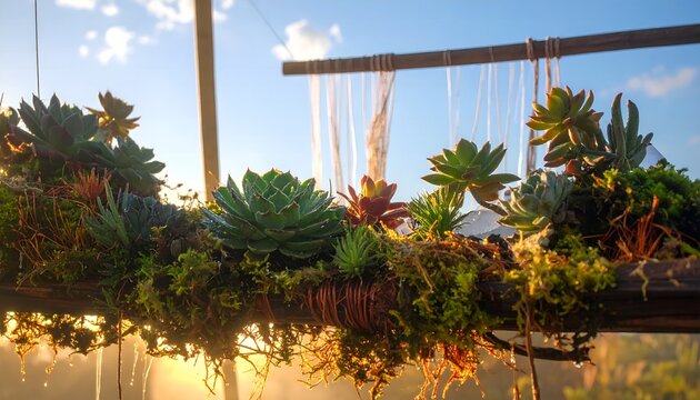 Lush collection of assorted succulents and moss in a hanging planter basking in the warm glow of sunset light