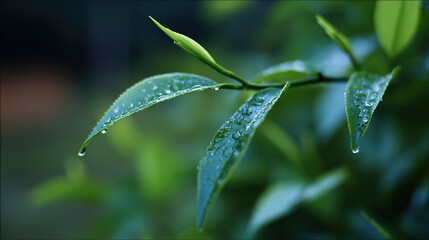 Fototapeta premium herbal. Close-up of fresh tea leaves with morning dew in soft natural light, botanical setting. gardening catalogs, home-decor guides, designed for home decor and floral branding.
