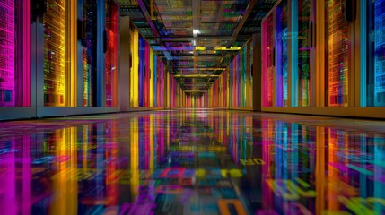 Colorful futuristic data center with reflective floor and digital displays