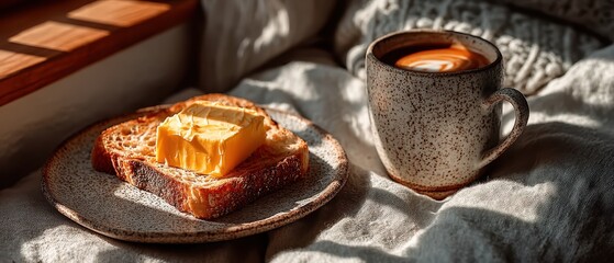 Morning Delight with Buttered Toast and Coffee on Cozy Bed Linens