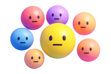 Group of colorful neutral face emojis with blank expressions in 3D style on isolated white background, concept of emotion or communication. Ai generative