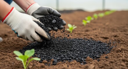 Medium shot of hands spreading nutrientrich biochar on soil highlighting sustainable carbon storage techniques in agriculture.