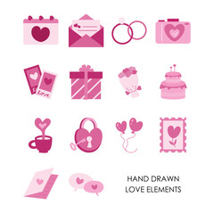 Set of icons with pink heart love items