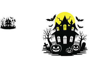 Haunted House with Pumpkins and Bats under Full Moon – Spooky Halloween Illustration