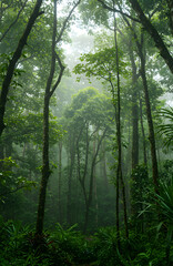 Fototapeta premium Misty Tropical Rainforest with Lush Green Trees and Dense Vegetation