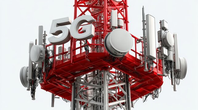Red 5g cell tower with antennas and dishes on steel structure
