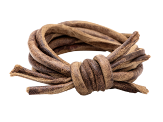 Rustic distressed leather cord tied in a knot, evoking artisanal craftsmanship and natural textures for creative projects and design inspiration.