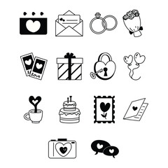 Set of icons with black and white heart love items