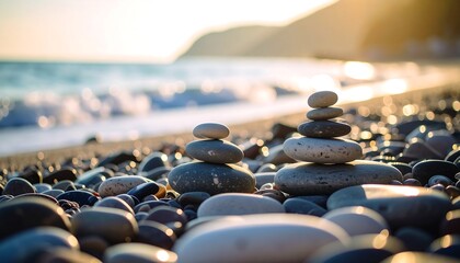 Pebbles stacked on beach at sunset