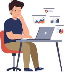 Fototapeta premium Man analyzing data on laptop, charts and graphs around him.
