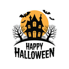 Happy Halloween Haunted House with Bats and Full Moon Illustration