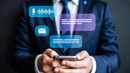 Businessman using smartphone with communication icons and chat bubbles