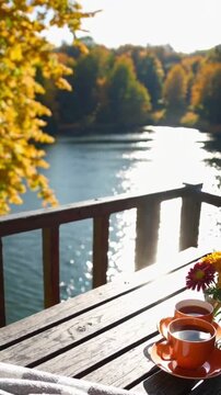 Coffee cups on a wooden table, with an autumn background, fall trees