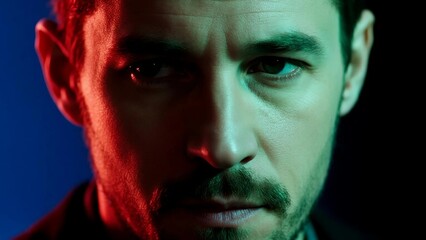 Close-Up Portrait of Man with Red and Green Dual Lighting