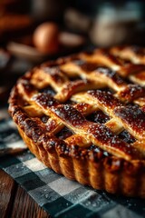 Delicious Rustic Apple Pie with Lattice Crust on Wooden Table with Ingredients Nearby