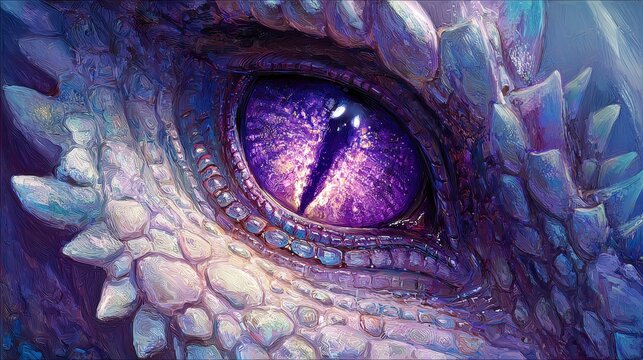 Mystical dragon eye close-up: vibrant purple reptilian gaze with textured scales - Powered by Adobe