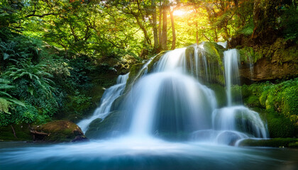Serene Waterfall In Forest Scene Tranquil Waterfall Surrounded By Vibrant Trees Suitable For Relaxation Nature Travel And Landscape Promotions