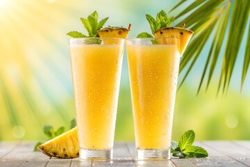 Fototapeta premium Two glasses of refreshing pineapple smoothie garnished with mint and pineapple wedges.