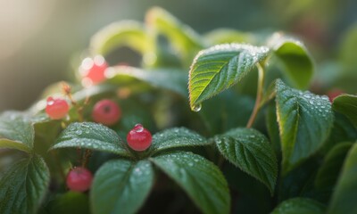 Dew-kissed berries and leaves in sunlight