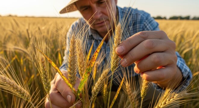 Medium shot of a farmer closely inspecting wheat crops for fungal disease symptoms like rust and mold on leaves during harvest season.