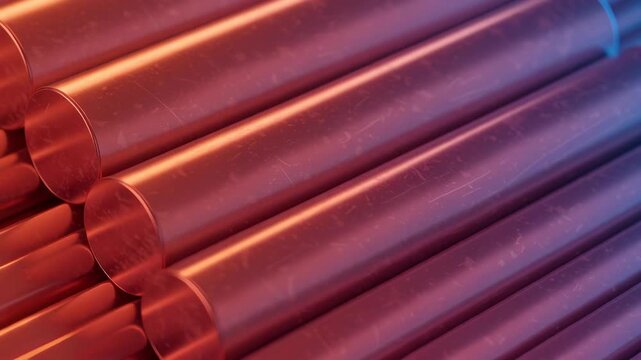 Abstract Red Copper Cylinders in Diagonal Arrangement with Gradient Lighting
