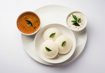 Traditional South Indian breakfast of soft idli served with spicy sambar and coconut chutney