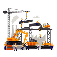 A construction site scene with workers operating heavy machinery, including a crane lifting steel beams, an excavator, and a dump truck, all under a clear sky.