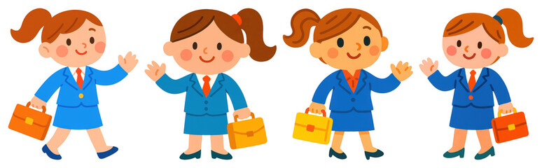 PNG Businesswomen cartoon briefcases waving, element set on transparent background