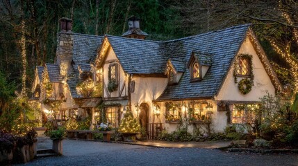 Fototapeta premium Enchanted cottage decorated for Christmas glowing in snowy festive scene..