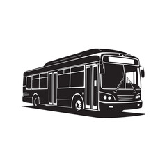 A black and white illustration of a modern city bus with tinted windows, viewed from the side, representing public transportation technology background