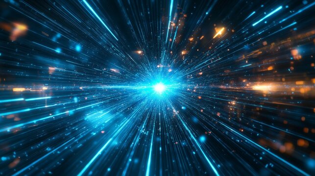 Dynamic blue light burst with sparkling particles and radiating energy lines