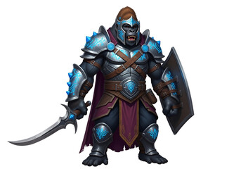 Fototapeta premium A formidable gorilla warrior, clad in detailed, stylized armor, stands with a sword and shield, illuminated by vibrant, glowing blue accents.