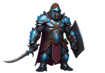 A formidable gorilla warrior, clad in detailed, stylized armor, stands with a sword and shield, illuminated by vibrant, glowing blue accents.