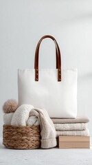 Fototapeta premium White towels with a pink shopping bag and a beach style design, isolated on a fabric surface for a retail fashion sale