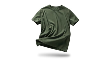 Olive green tshirt short sleeves lying flat against a white background with a slight shadow below