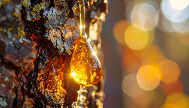 A macro ultra hyper realistic shot of a single drop of sap on a tree bark.