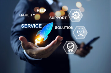 customer service concept with businessman holding a services icon and rocket represent fast delivery and quick support on customer site