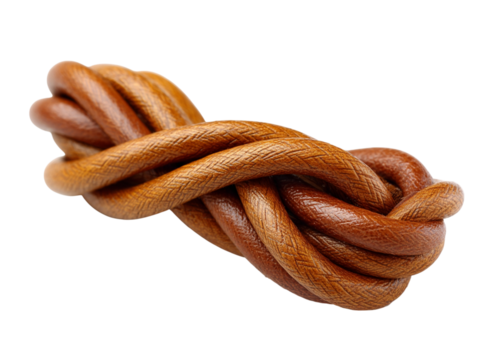 Intricately twisted brown leather cord forming a complex knot, symbolizing strength, connection, and unbreakable bonds in a professional context.