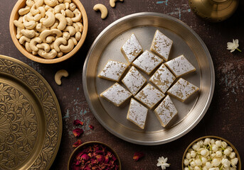 Delicious diamond-shaped Indian sweet Kaju Katli with cashews on a rustic dark surface